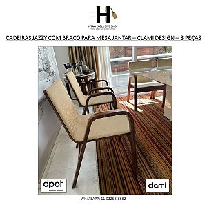 CADEIRAS JAZZY COM BRAÇO MESA JANTAR – CLAMI DESIGN – 8 PEÇAS