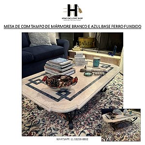 MESA DE CENTRO COM TAMPO DE MÁRMORE BRANCO E AZUL BASE FERRO FUNDIDO