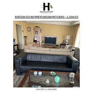 SOFÁ EM COURO PRETO DESIGN RETILÍNEO – 2,15M (C)