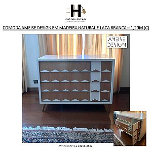 MÓVEL GAVETEIRO AMEISE DESIGN EM MADEIRA NATURAL E LACA BRANCA – 1,20M (L)