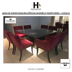 MESA DE JANTAR QUADRADA TANIA BULHÕES EM MADEIRA E TAMPO VIDRO – 1,50M (L)