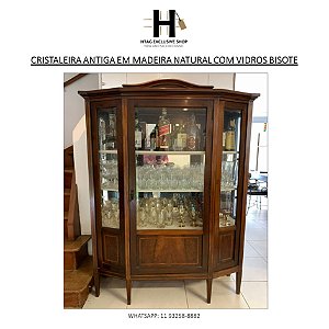 CRISTALEIRA ANTIGA EM MADEIRA NATURAL COM VIDROS BISOTÊ