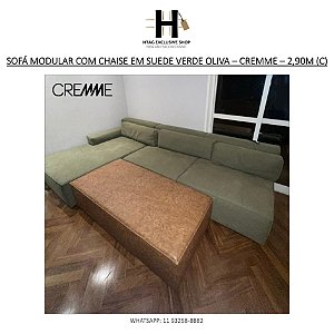 SOFÁ MODULAR COM CHAISE EM SUEDE NA COR VERDE OLIVA – CREMME – 2,90M (C)