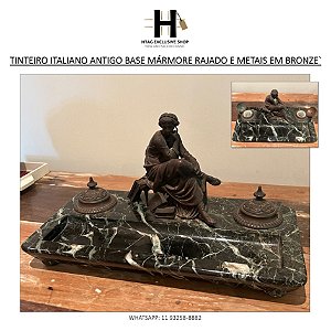 TINTEIRO ITALIANO ANTIGO BASE MÁRMORE PRETO RAJADO E METAIS EM BRONZE