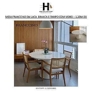 MESA FRANCCINO EM MADEIRA COM LACA BRANCA E TAMPO VIDRO – 1,20M (D)