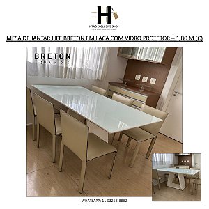 MESA DE JANTAR LIFE BRETON RETANGULAR EM LACA BRANCA E VIDRO PROTETOR – 1,80 M (C)