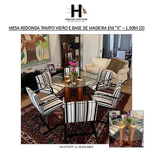 MESA REDONDA TAMPO VIDRO E BASE DE MADEIRA EM “X” – 1,50M (D)