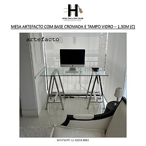 MESA ARTEFACTO COM BASE CAVALETE CROMADA E TAMPO VIDRO – 1,30M (C)