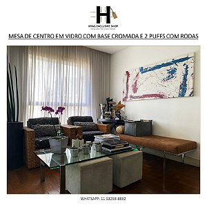 MESA DE CENTRO BANWUR TAMPO DE VIDRO BASE CROMADA E 2 PUFFS DE RODINHAS