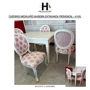 CADEIRAS MEDALHÃO MADEIRA ENTALHADA PROVENÇAL TECIDO FLORIDO – 4 UN.