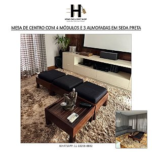MESA DE CENTRO DUNA COM 4 MÓDULOS E 3 ALMOFADAS SEDA PRETA