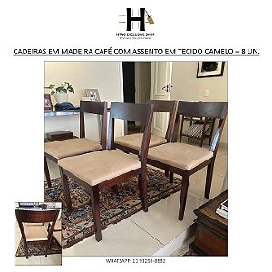 CADEIRAS DE JANTAR EM MADEIRA ESCURA COM ASSENTO EM TECIDO CAMELO - 8 UN.