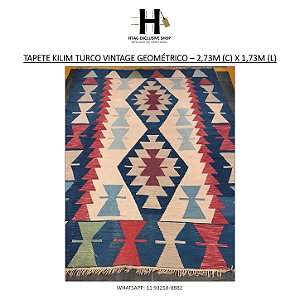 TAPETE KILIM TURCO VINTAGE GEOMÉTRICO – 2,73M (C) X 1,73M (L)