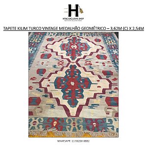 TAPETE KILIM TURCO VINTAGE MEDALHÃO GEOMÉTRICO – 3,62M (C) X 2,54M (L)
