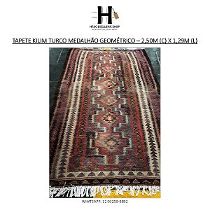 TAPETE KILIM TURCO VINTAGE MEDALHÃO GEOMÉTRICO – 2,50M (C) X 1,29M (L)