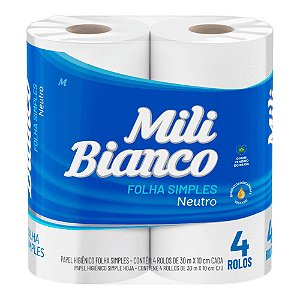 Papel Higiênico Mili Bianco Folha Simples - 30m - 04 Rolos