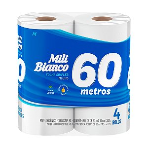 Papel Higiênico Mili Bianco Folha Simples - 60m - 04 Rolos