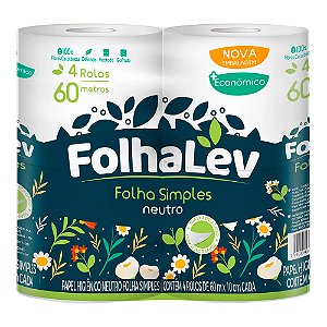 Papel Higiênico FolhaLev Folha Simples - 10cmx60m - 04 Rolos