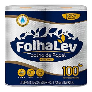 Papel Toalha Folhalev 50 Folhas - 20,5cmx19cm -  02 Rolos