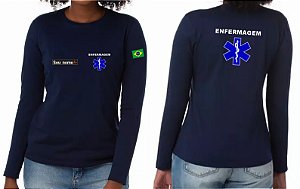 Camiseta Feminina Manga Longa ENFERMAGEM + CRUZ VIDA Bordado