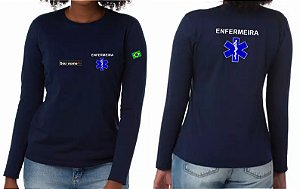 Camiseta Feminina Manga Longa ENFERMEIRA + CRUZ VIDA Bordado