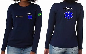 Camiseta Feminina Manga Longa MÉDICA + CRUZ VIDA Bordado