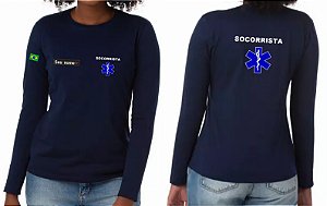 Camiseta Feminina Manga Longa SOCORRISTA + CRUZ VIDA Bordado