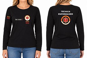 Camiseta Feminina Manga Longa TÉCNICA ENFERMAGEM SAMU Bordado