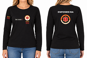 Camiseta Feminina Manga Longa ENFERMEIRA SAMU Bordado