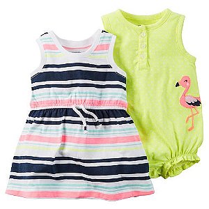 Conjunto 2 peças romper Flamingo com vestido listras coloridas - CARTERS