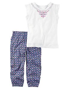 Conjunto 2 peças blusinha branca estampa na gola e calça azul florida - CARTERS