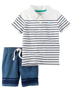 Conjunto 2 peças camiseta polo listrada e short azul - CARTERS