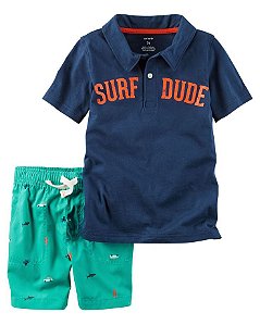 Conjunto 2 peças camiseta polo azul marinho Surf com short verde  - CARTERS