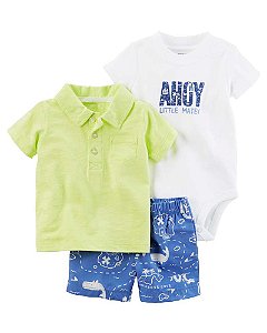 Conjunto 3 peças camiseta polo e short azul estampa marítima - CARTERS