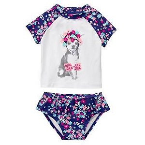 Conjunto 2 peças com proteção UV 50+ branco e azul marinho florido Cachorrinha - GYMBOREE