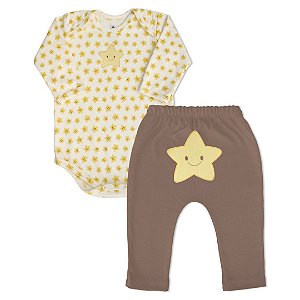 Conjunto 2 peças body estrelinha e calça marrom - PIU BLU