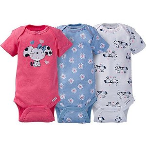 Kit body 3 peças azul floral e cachorrinhos - GERBER