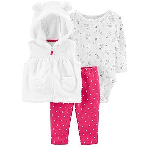 Conjunto 3 peças colete em Sherpa Rosa com Branco - Carter's