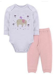 Conjunto Body Manga Longa Elefante Branco e Rosa - LaLuna