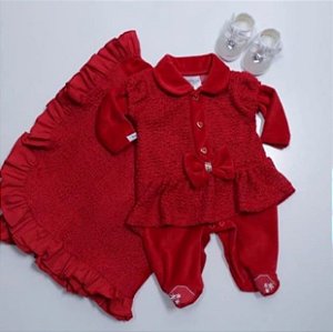 Saída Maternidade vermelho plush conjunto 2 peças - macacão e manta