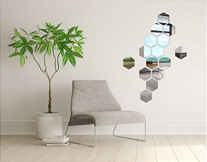Espelho Acrílico Decorativo Hexagonal 15 Peças Prata