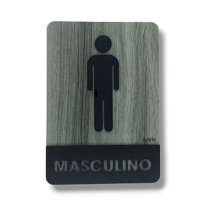 Placa Sinalização Banheiro 100% Acrílico Madeira Cinza Preto Masculino