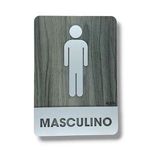Placa Sinalização Banheiro 100% Acrílico Madeira Cinza e Prata Masculino