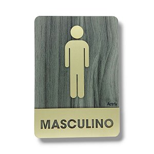 Placa Sinalização Banheiro 100% Acrílico Madeira Cinza e Dourado Masculino
