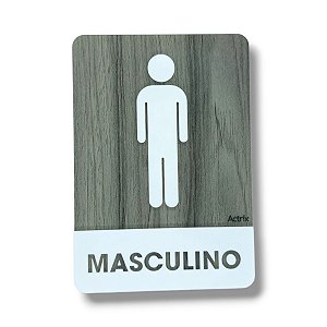 Placa Sinalização Banheiro 100% Acrílico Madeira Cinza e Branco Masculino