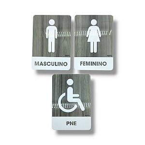 Placa Sinalização Banheiro 100% Acrílico Madeira Cinza e Branco M/F/PNE 3un