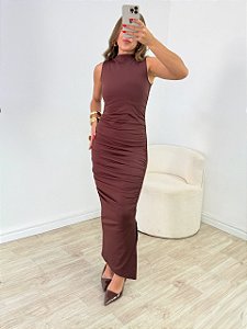 Vestido Drapeado Midi Clover Marrom