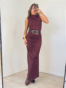 Vestido Drapeado Midi Clover Marrom
