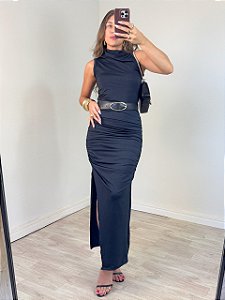 Vestido Drapeado Midi Clover Preto