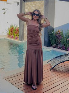 Vestido longo drapeado Dália Marrom